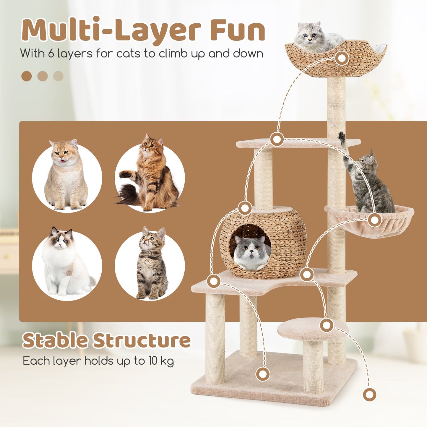 Cat Tree, 59" Cattail Cat Tower w/ Sisal Scratching Posts, Perch, Condo, Soft Hammock, Washable Cushions, 5-Layer Climbing Cat Activity Center, Cat Furniture for Indoor Kittens & Adult Cats