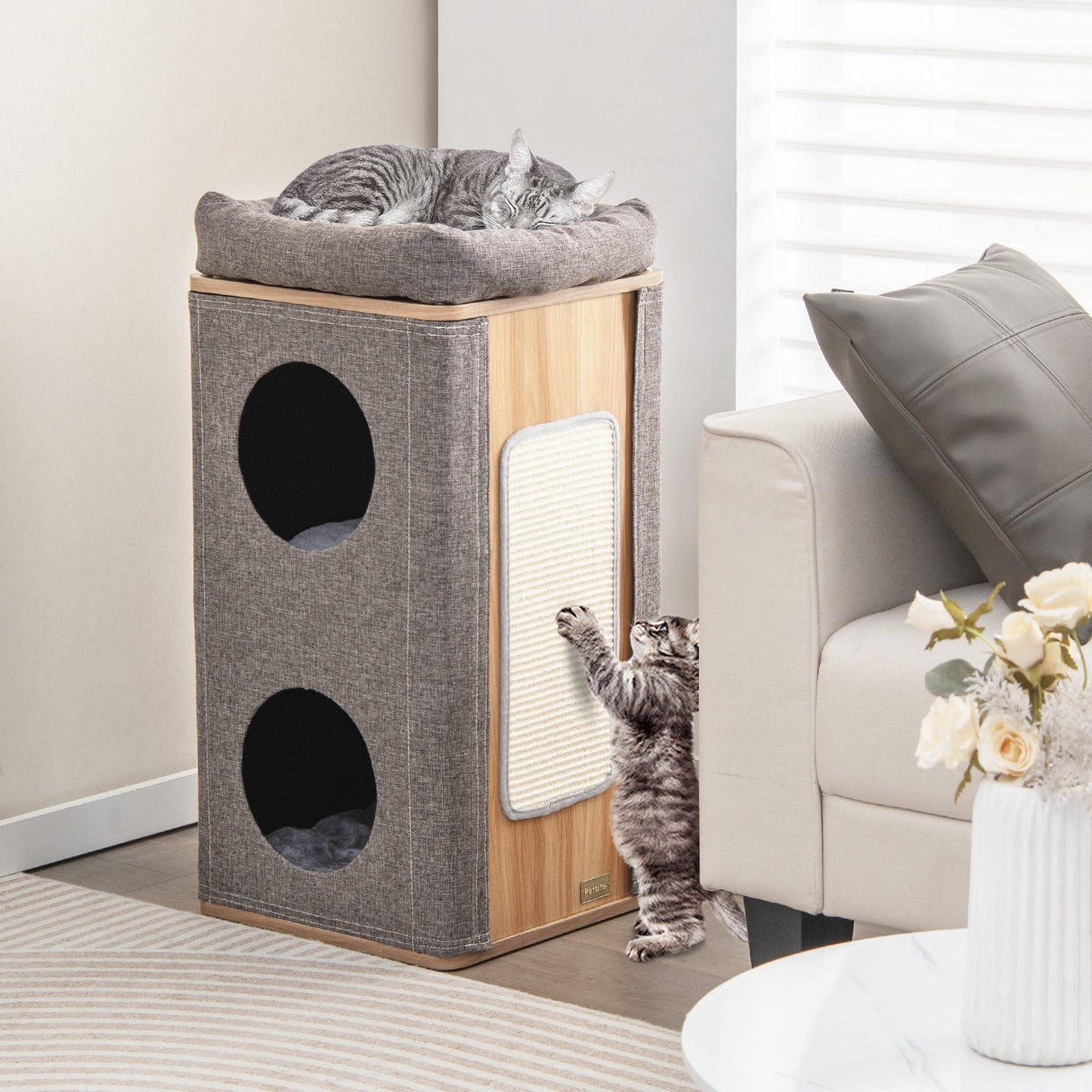 3-Story Cat House, Barrel-shaped Cat Condo w/ Soft Padded Top Perch & 2 Cat Caves, Multi-layer Cat Bed w/ Scratching Board, Removable Cushions & Outside Cover for Indoor Cats Kittens