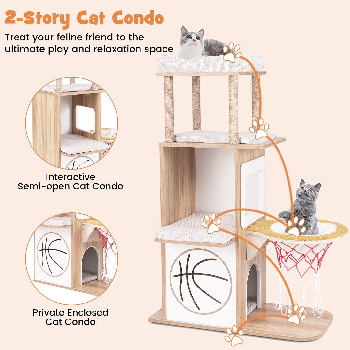 47" Cat Tree, 5-Layer Sports-Themed Cat Tower w/ 2 Cat Condos, Perches, Basketball Hoop Hammock, Jute Scratching Posts, Removable & Washable Cushions, Modern Kitten Activity Center for Indoor Cats