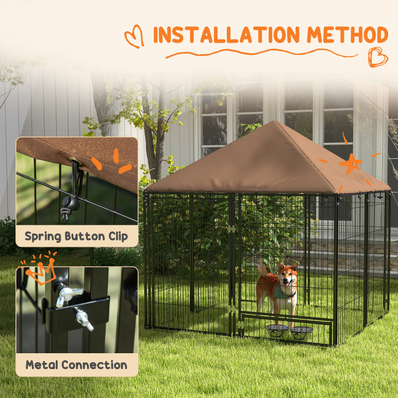 Deluxe 4.6' x 5' Outdoor Dog Kennel with Canopy - Durable Synthetic Fiber, Rotating Bowl Included, Perfect for Small Pets