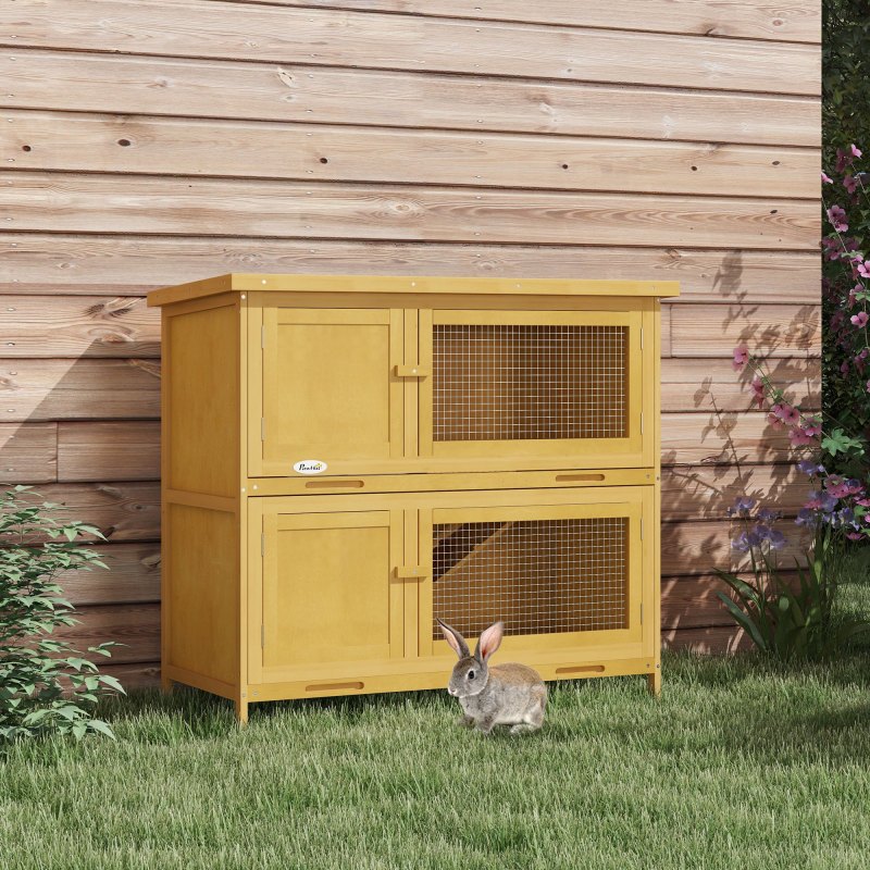 Wooden Bunny Rabbit Hutch, Small Animal Habitat with Ramp, Removable Tray, Weatherproof Roof, Indoor/Outdoor Use, Synthetic Fiber Material, Yellow