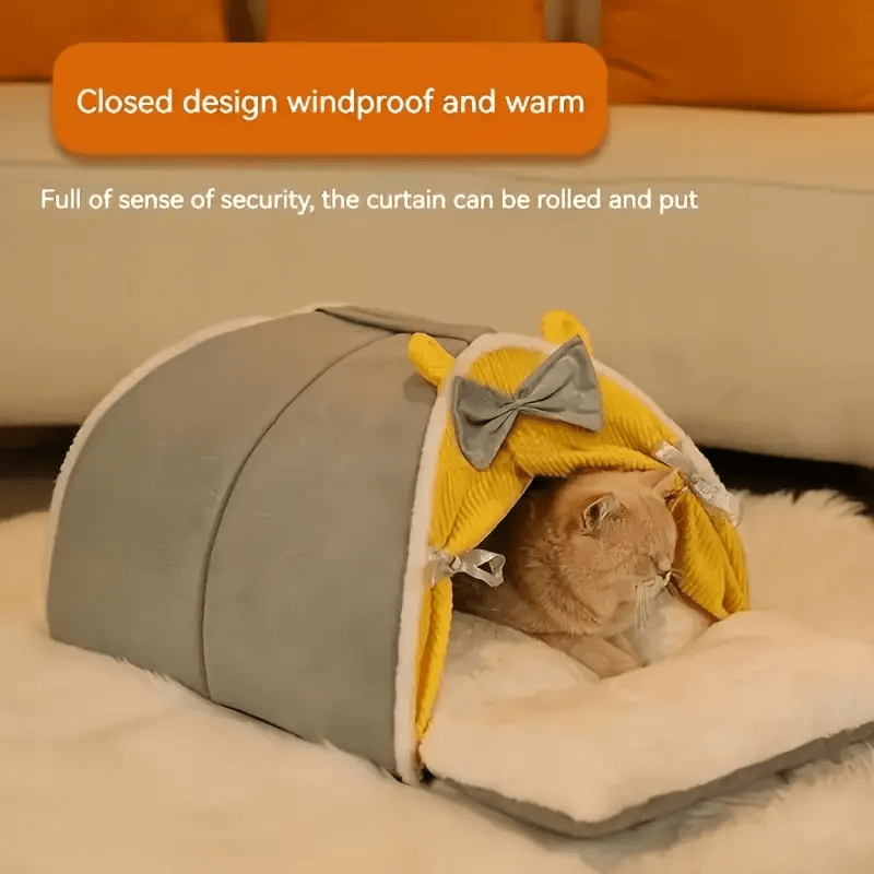 style plus pp cotton with gray bow, full and comfortable semi-enclosed cat bed - thickened warm winter tent with non-slip cushion and removable pad, dedicated for deep sleep (with 2 toy balls)