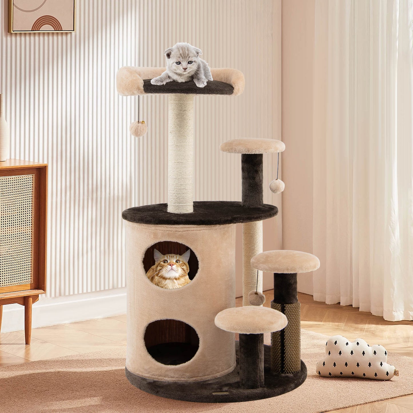 6-Tier Cat Tree Tower W/ Scratching Posts, Cat Self Groomer, 2-Tier Cat-Hole Condo W/ Bamboo, 40" Cat Climbing Stand for Rest & Fun, Cat Tree Amusement Center Furniture for Kitten & Adult Cat