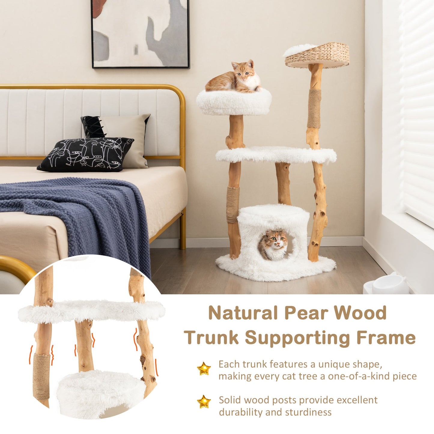 49" Multi-Layer Cat Tree, Solid Wood Cat Tower w/ Top Cattail Basket Cat Bed, Side Perch, Large Platform & Cat Condo, Natural Branch Cat Activity Center w/ Jute Scratching Posts for Indoor Cats