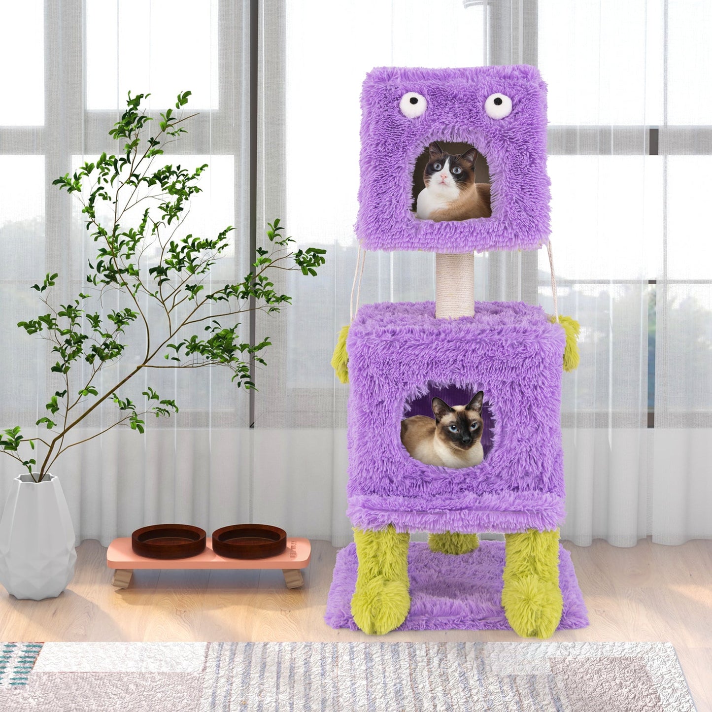 Cat Tree, Cute Monster-Themed Cat Tower w/ 2 Private Condos, Soft Long Plush, Sisal Scratching Post, Hanging Toys, Small Place Cat Furniture, 3-Level Activity Center for Indoor Cat & Kitten