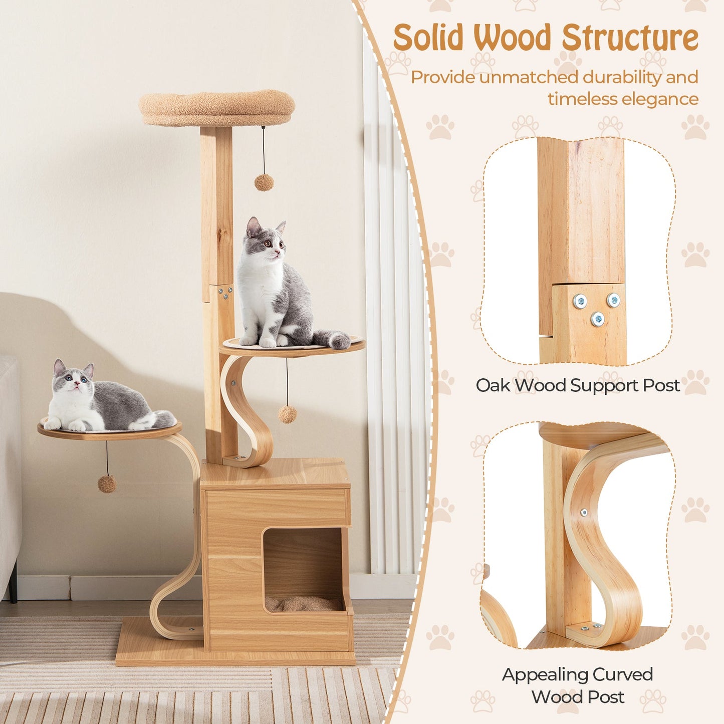 Wooden Cat Tree, 51" Tall Cat Tower w/ Solid Wood Post, Curved Plywood Frame, Cat Condo, Perch, Washable Cushions, 4-Layer Cat Activity Center, Cat Furniture for Indoor Kittens & Adult Cats