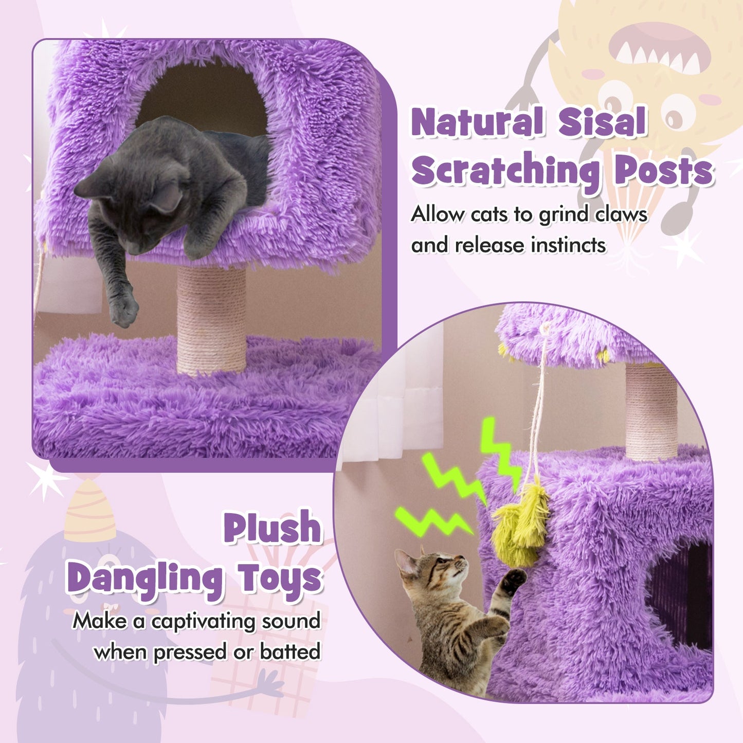 Cat Tree, Cute Monster-Themed Cat Tower w/ 2 Private Condos, Soft Long Plush, Sisal Scratching Post, Hanging Toys, Small Place Cat Furniture, 3-Level Activity Center for Indoor Cat & Kitten