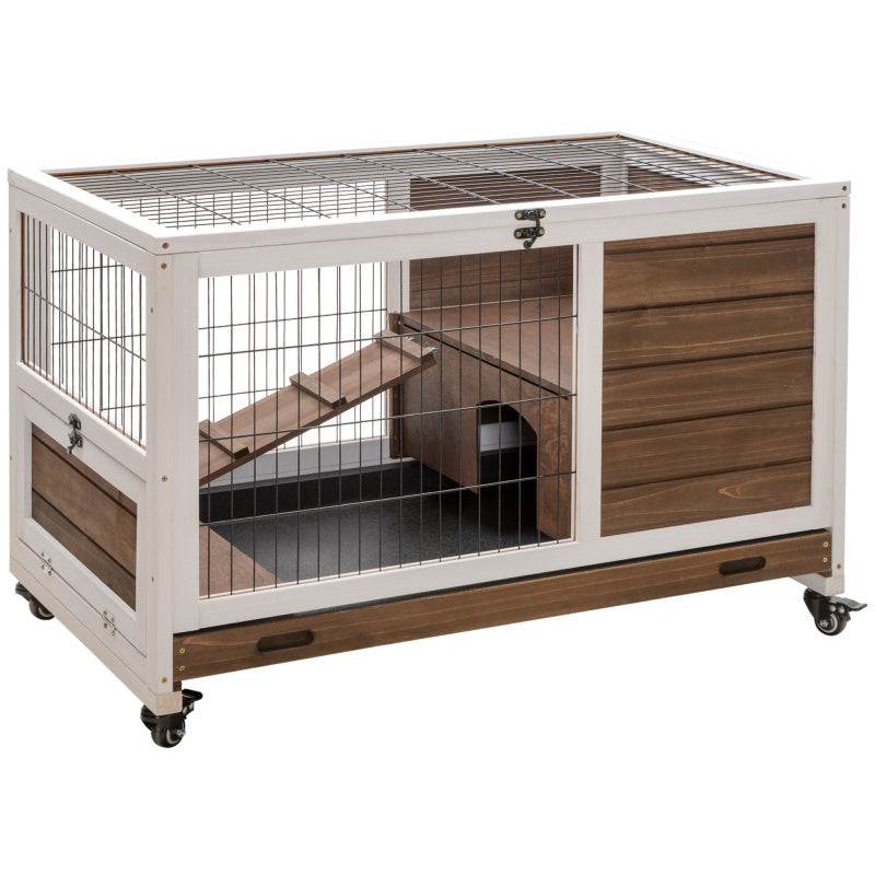 Elevated Wooden Rabbit Hutch with Leak-Proof Tray & Wheels - Indoor/Outdoor Enclosed Run for Guinea Pigs and Small Animals, Brown