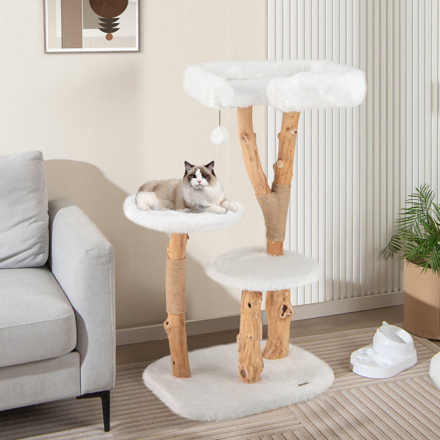 Solid Wood Cat Tree, Modern Wooden Cat Tower w/ Perch, Natural Jute Scratching Posts, Dangling Ball, Soft Long Plush, 44" Tall Luxury Cat Condo, Cat & Kitten Climbing Furniture for Indoor Use