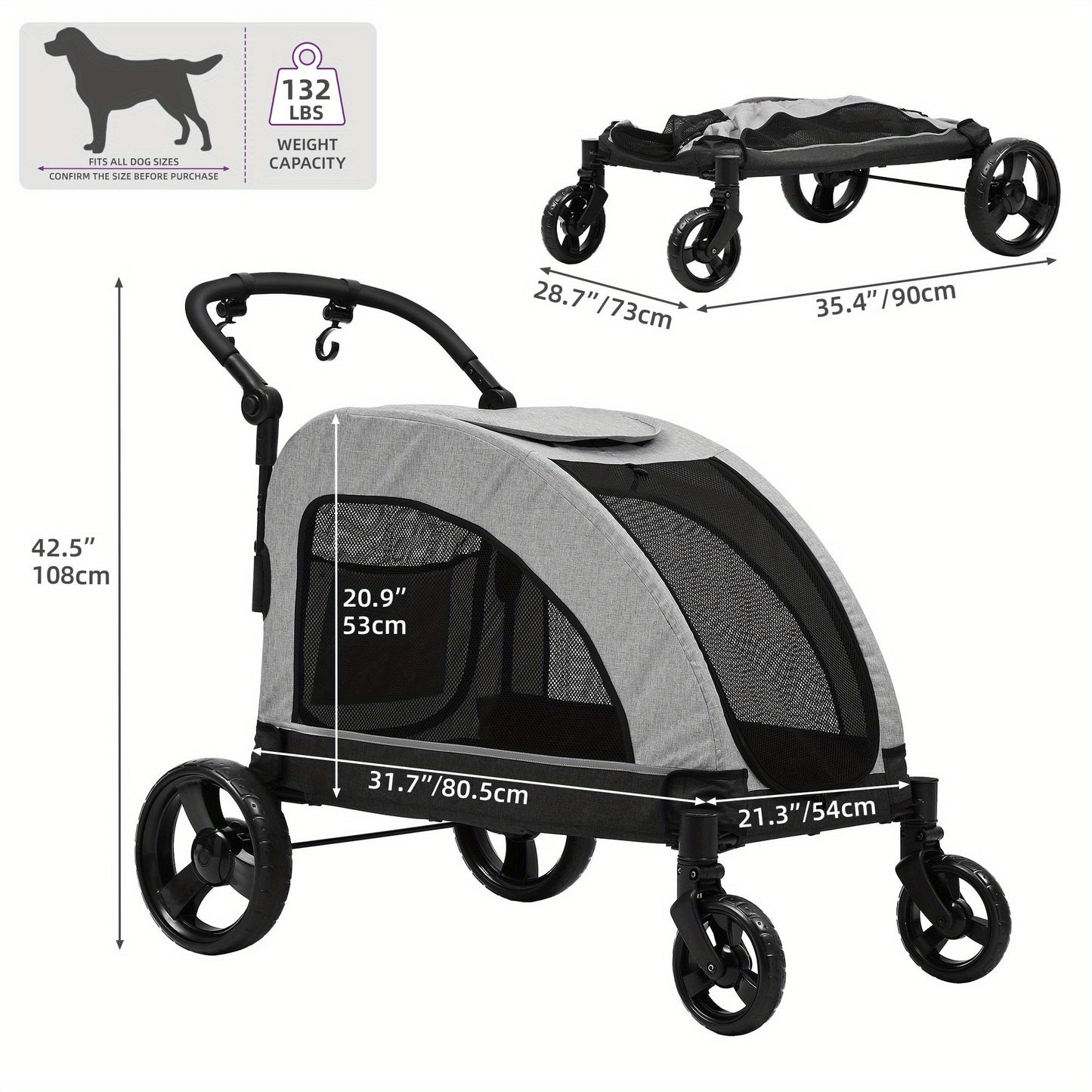 Outdoor Four Wheel Pet Cart Folding Dog Cart Suitable for Large Dogs with Adjustable Handle