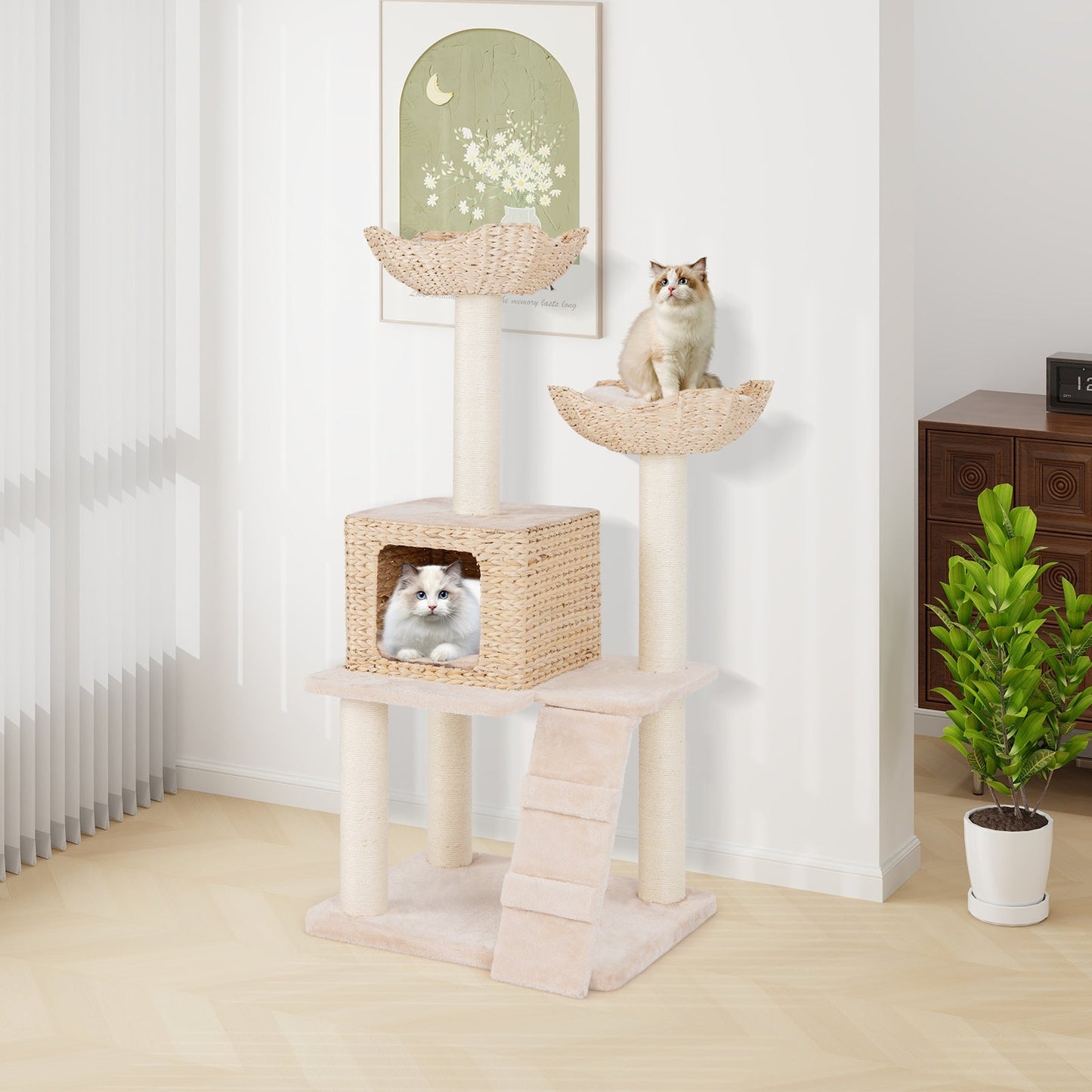 Cat Tree, 48" Cattail Cat Tower w/ Sisal Scratching Posts, Perch, Condo, Basket Bed, Ladder, Washable Cushions, 4-Layer Cat Activity Center, Climbing Furniture for Indoor Kittens & Adult Cats