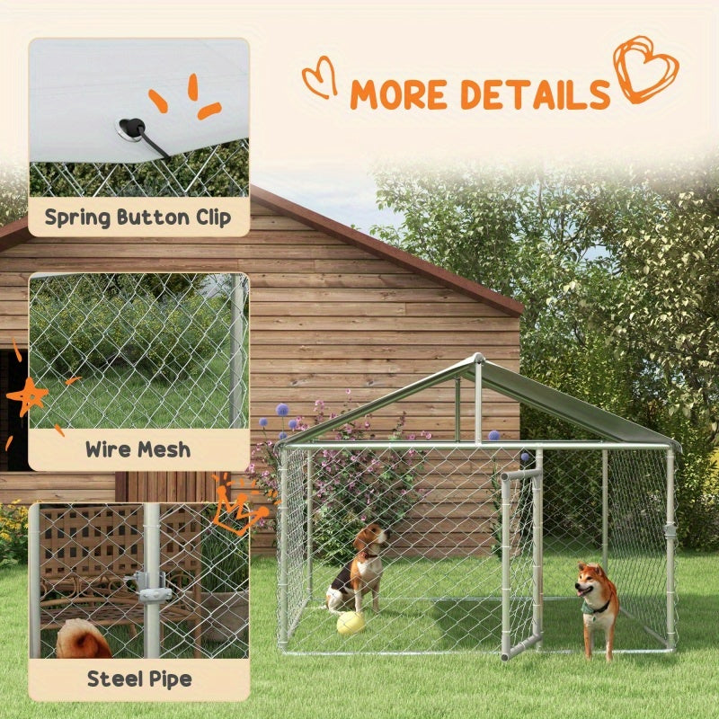 Heavy Duty Outdoor Dog Kennel, 6.6'x6.6'x4.9' Galvanized Chain Link Cage with Waterproof Synthetic Fiber Cover and Secure Lock