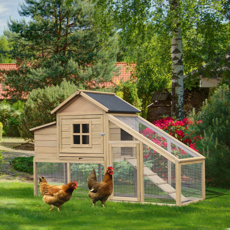 69" Wooden Chicken Coop with Ramp, Ventilated Window, Removable Tray, and Nesting Box for Poultry