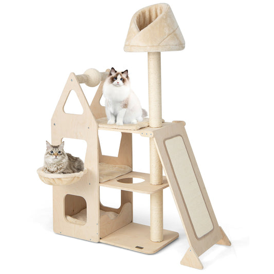 64" Tall Cat Tree, Multi-Layer Wooden Cat Tower W/ Scratching Rotatable Ball & Posts, Sisal Ramp, Cradle, Cat Climbing Stand W/ Plush Perch, Activity Center Furniture for Kitten & Adult Cat