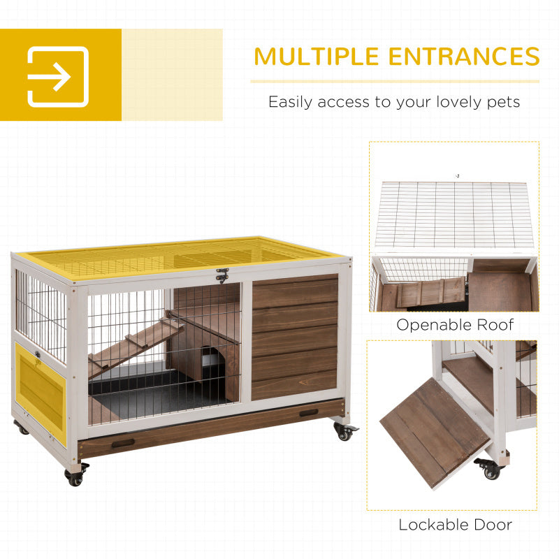 Elevated Wooden Rabbit Hutch with Leak-Proof Tray & Wheels - Indoor/Outdoor Enclosed Run for Guinea Pigs and Small Animals, Brown