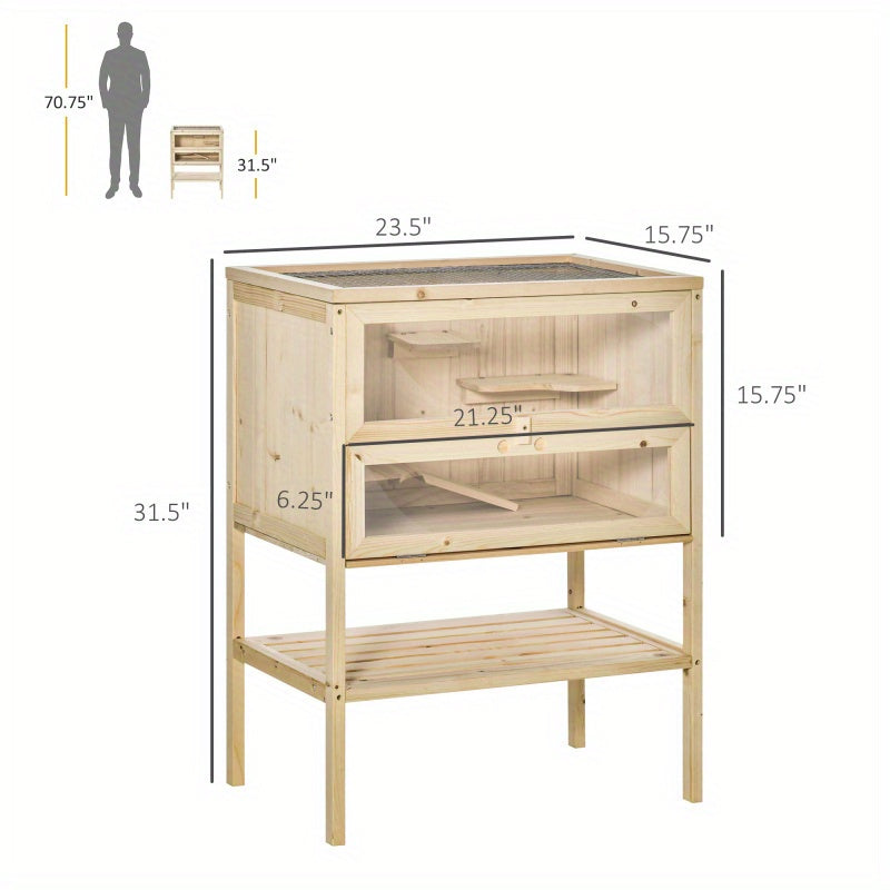 3-Tier Wooden Hamster Cage, Small Animal Hutch with Openable Top and Front Door, Synthetic Fiber Material, Storage Shelf for Mice and Rats