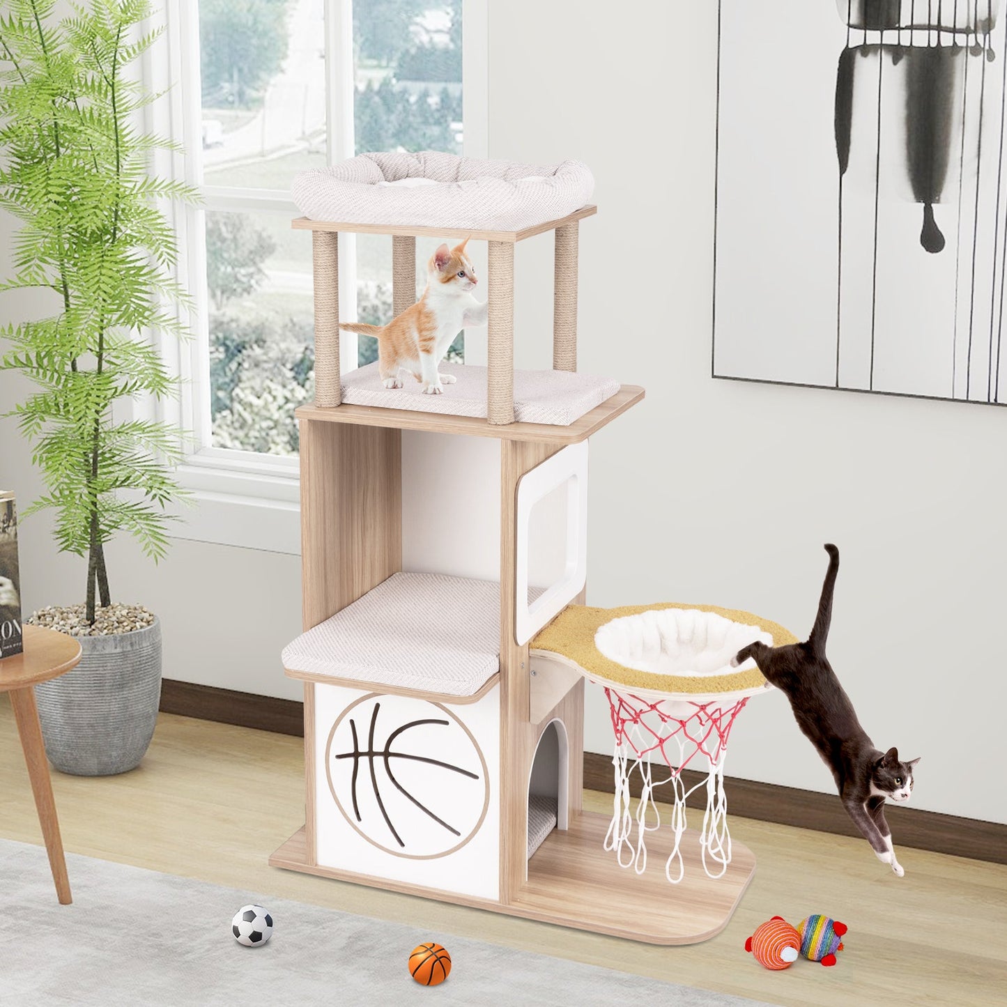 47" Cat Tree, 5-Layer Sports-Themed Cat Tower w/ 2 Cat Condos, Perches, Basketball Hoop Hammock, Jute Scratching Posts, Removable & Washable Cushions, Modern Kitten Activity Center for Indoor Cats