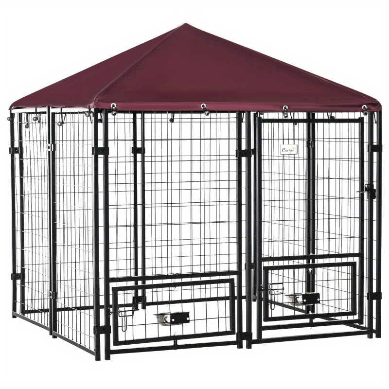 5'x5'x5' Dog Kennel Outdoor, Walk-In Pet Playpen with Rotating Water Bowls, Welded Wire Steel Fence, Water- and UV-Resistant Canopy, Synthetic Fiber Material, Black and Red