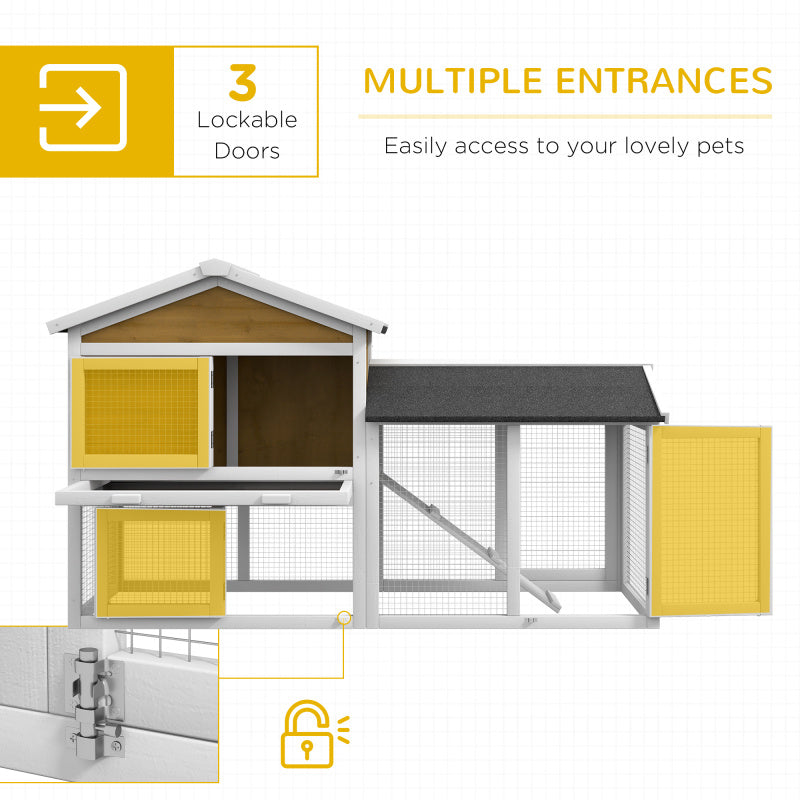 Wooden Rabbit Hutch with Asphalt Roof, 58" Small Animal Enclosure, Guinea Pig Cage with Lockable Doors, Removable Tray, and Run Area, Nature Wood Finish