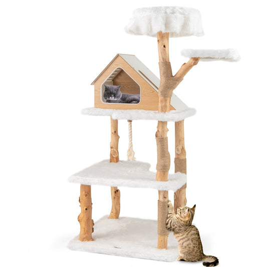 60" Tall Solid Wood Cat Tree, Modern Wooden Cat Tower w/ 2 Perches, Condo, Jute Scratching Posts, Sisal Rope, Soft Long Plush, 5-Layer Activity Center, Indoor Cat & Kitten Climbing Furniture