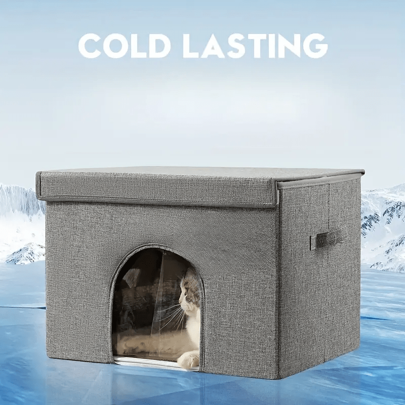 A foldable polyester cat bed with cooling ice pack - assembled, portable pet house that provides cats with a comfortable and cool summer sleeping environment year-round (stable structure, no collapse when lying down)