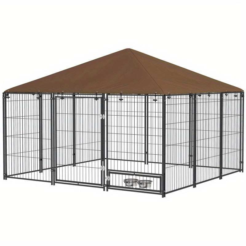 Deluxe 6.9' x 5' Outdoor Dog Kennel with Canopy - Durable Synthetic Fiber, Includes Rotating Bowl & Coffee Cup Design