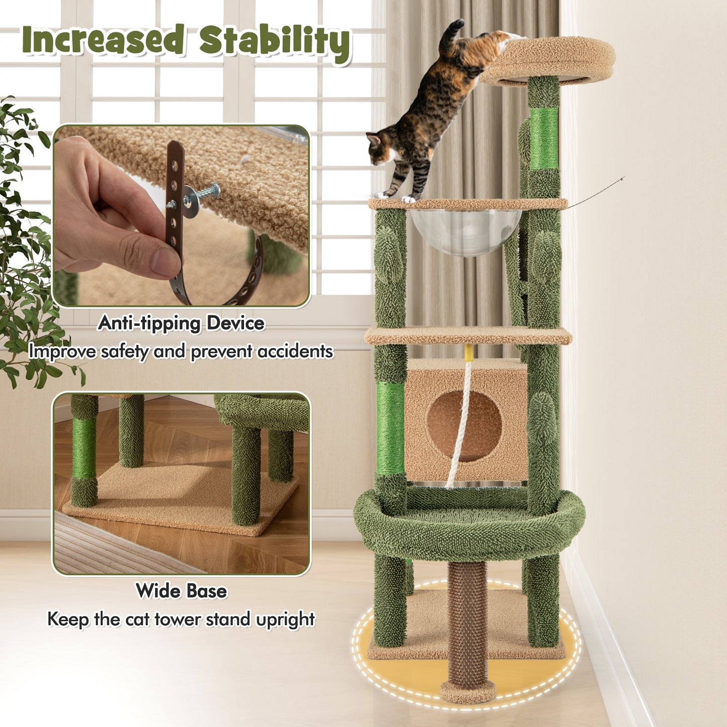 59" Tall Modern Cat Tree, Green Cactus Cat Tower w/ Perch, Condo, Large Bed, Space Capsule, Sisal Scratching Posts & Mat, Self Groomer, Rope, Ball, Multi-Level Activity Tree for Indoor Cats