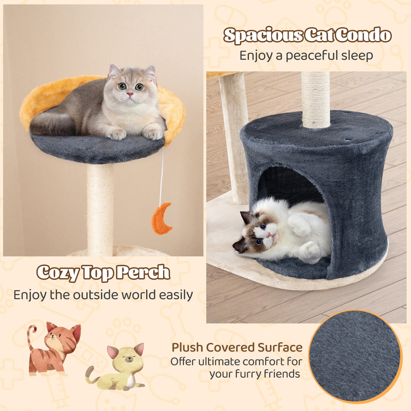 50" Cute Cat Tree for Indoor Cats, Multi-level Cat Tower w/ Sisal Scratching Posts & Board, Condo, Plush Top Perch & Platforms, Hanging Toys, Kitty Activity Center Pet Play House