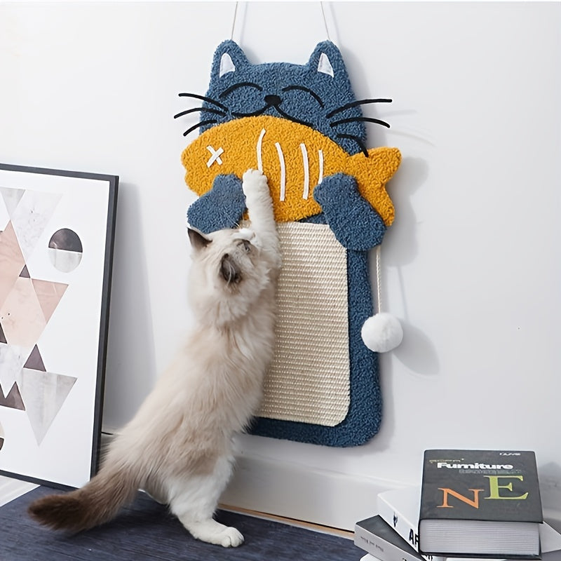 Cat Scratching Post with Fish Climbing Frame, Wall-Mounted Sisal Rope Scratcher and Cozy Bed - Durable Play and Rest Station for Cats with Plush Ball