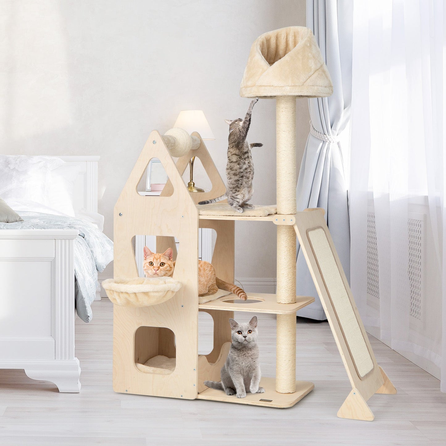 64" Tall Cat Tree, Multi-Layer Wooden Cat Tower W/ Scratching Rotatable Ball & Posts, Sisal Ramp, Cradle, Cat Climbing Stand W/ Plush Perch, Activity Center Furniture for Kitten & Adult Cat