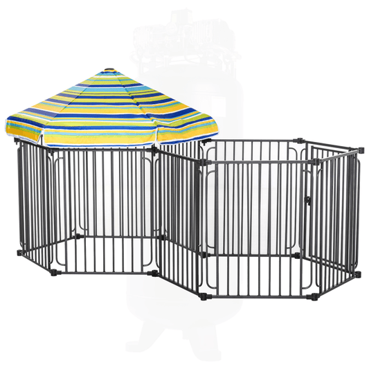 Dog Playpen with Removable Synthetic Fiber Canopy, Indoor/Outdoor Metal Fence, 47" Tall, with Door for Small to Medium Pets