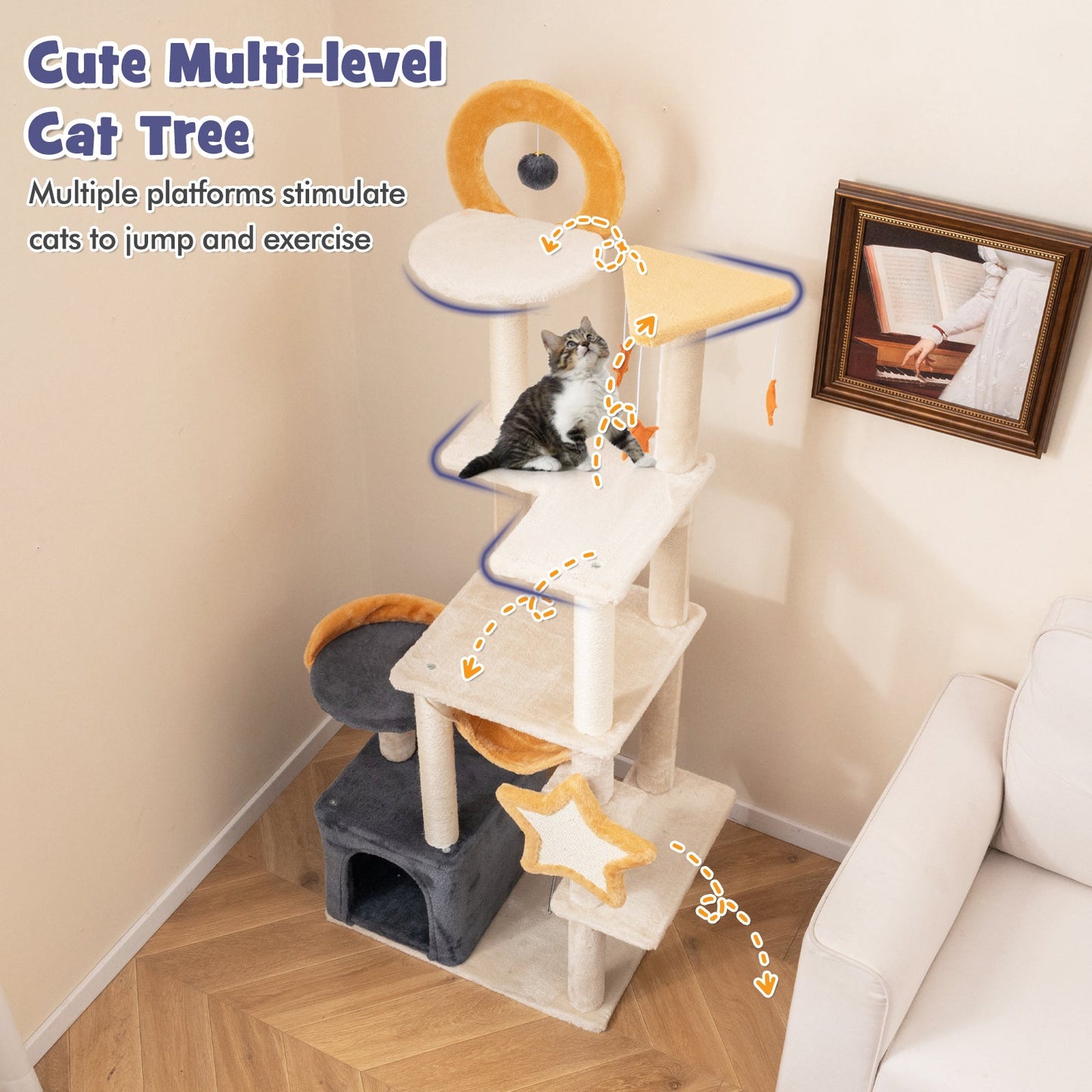 63" Cute Cat Tree for Indoor Cats, Multi-level Cat Tower w/ Sisal Scratching Posts & Board, Condo, Plush Perch & Platforms, Hanging Toys, Spring Ball, Large Kitty Activity Center