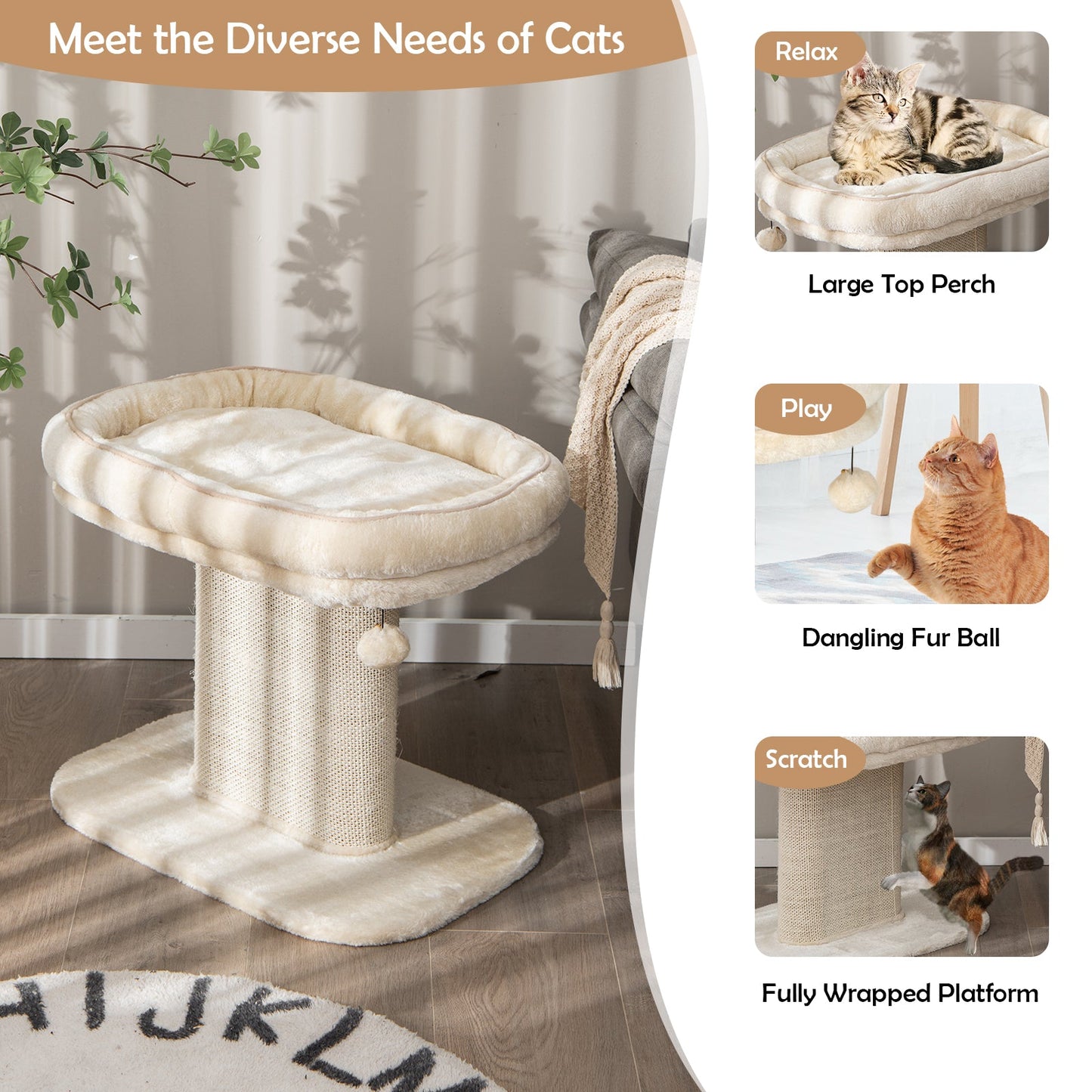 Modern Cat Tree Tower for Kittens, Cat Activity Tower w/Large Plush Perch & Sisal Scratching Plate, Interactive Ball, Cat Home Furniture for Indoor Cats to Play & Rest, Beige/Grey