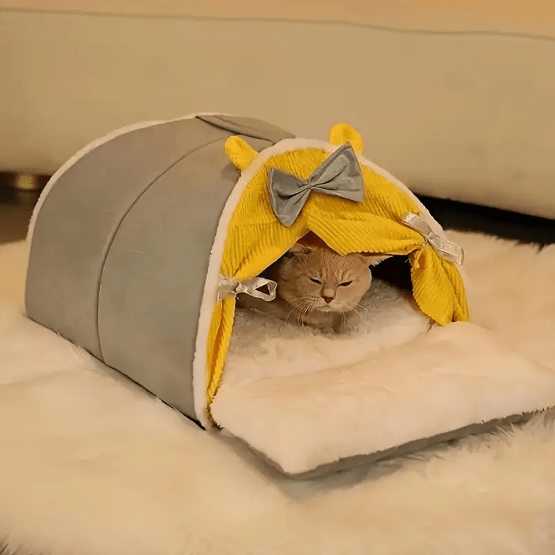 style plus pp cotton with gray bow, full and comfortable semi-enclosed cat bed - thickened warm winter tent with non-slip cushion and removable pad, dedicated for deep sleep (with 2 toy balls)