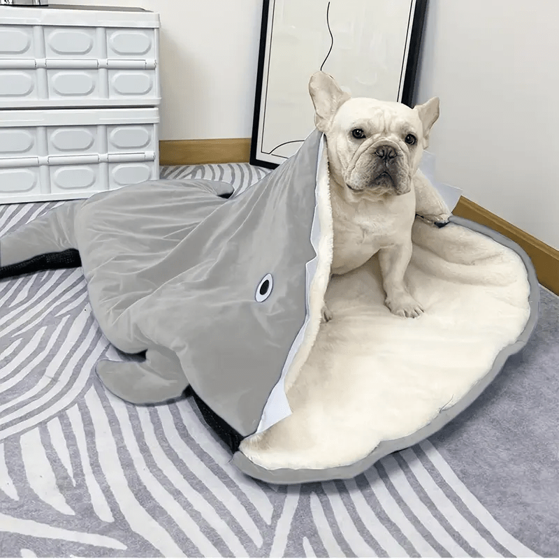 Cozy Shark-Shaped Pet Bed for Small Dogs & Cats - Anti-Slip, Thickened Winter Warmth Dog & Cat Sleeping Bag with Plush Cushion Mat, Polyester, Ideal for Small Breeds - Gray