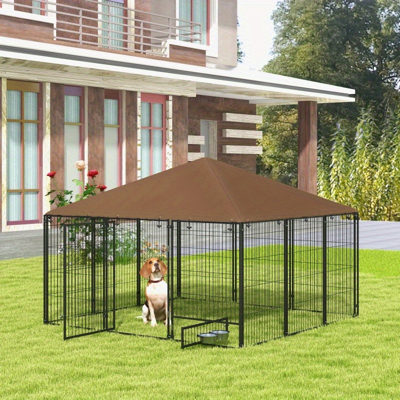 Deluxe 6.9' x 5' Outdoor Dog Kennel with Canopy - Durable Synthetic Fiber, Includes Rotating Bowl & Coffee Cup Design