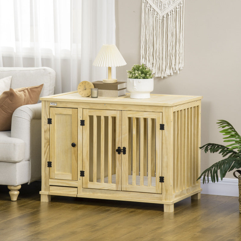 Wooden Dog Crate with Hidden Food Drawer - Cozy End Table Design for Small Breeds, Includes Cushion & Double Doors