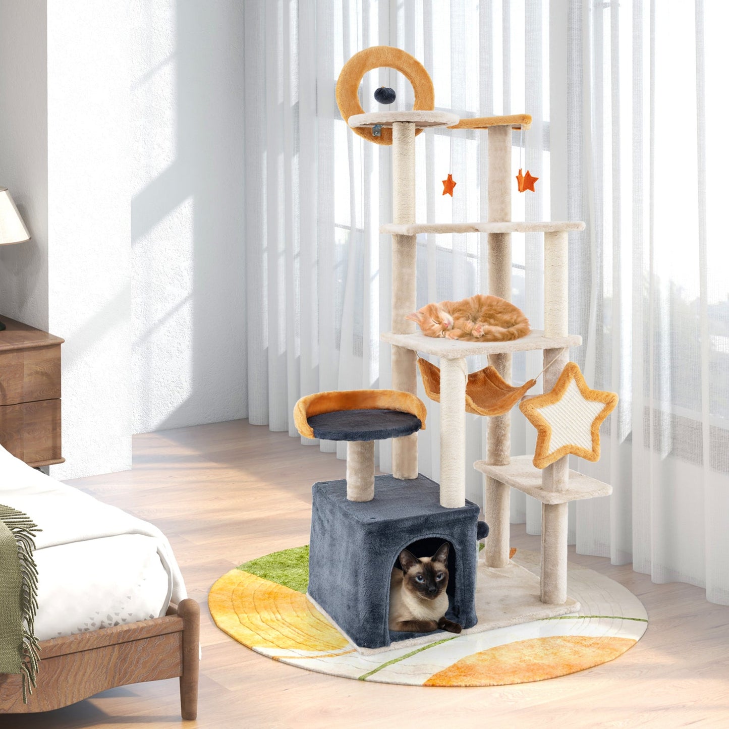 63" Cute Cat Tree for Indoor Cats, Multi-level Cat Tower w/ Sisal Scratching Posts & Board, Condo, Plush Perch & Platforms, Hanging Toys, Spring Ball, Large Kitty Activity Center