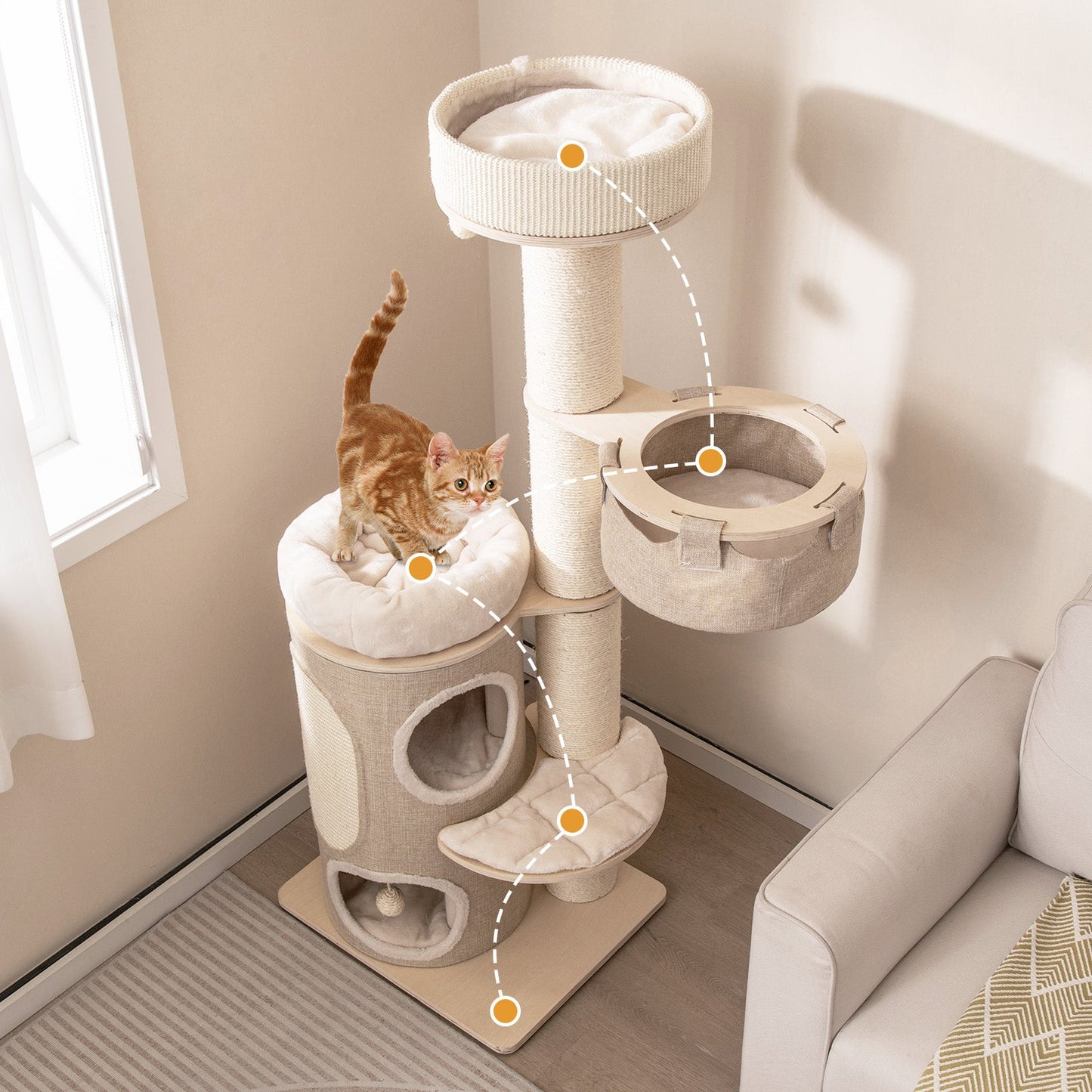 61" Cat Tree for Indoor Cats, Tall Multi-level Cat Tower w/ 2-stoery Condo, Top Perch, Sisal Scratching Posts, Sisal Carpet, Hammock, Dangling Balls, Removable Bed, Modern Kitty Play Center