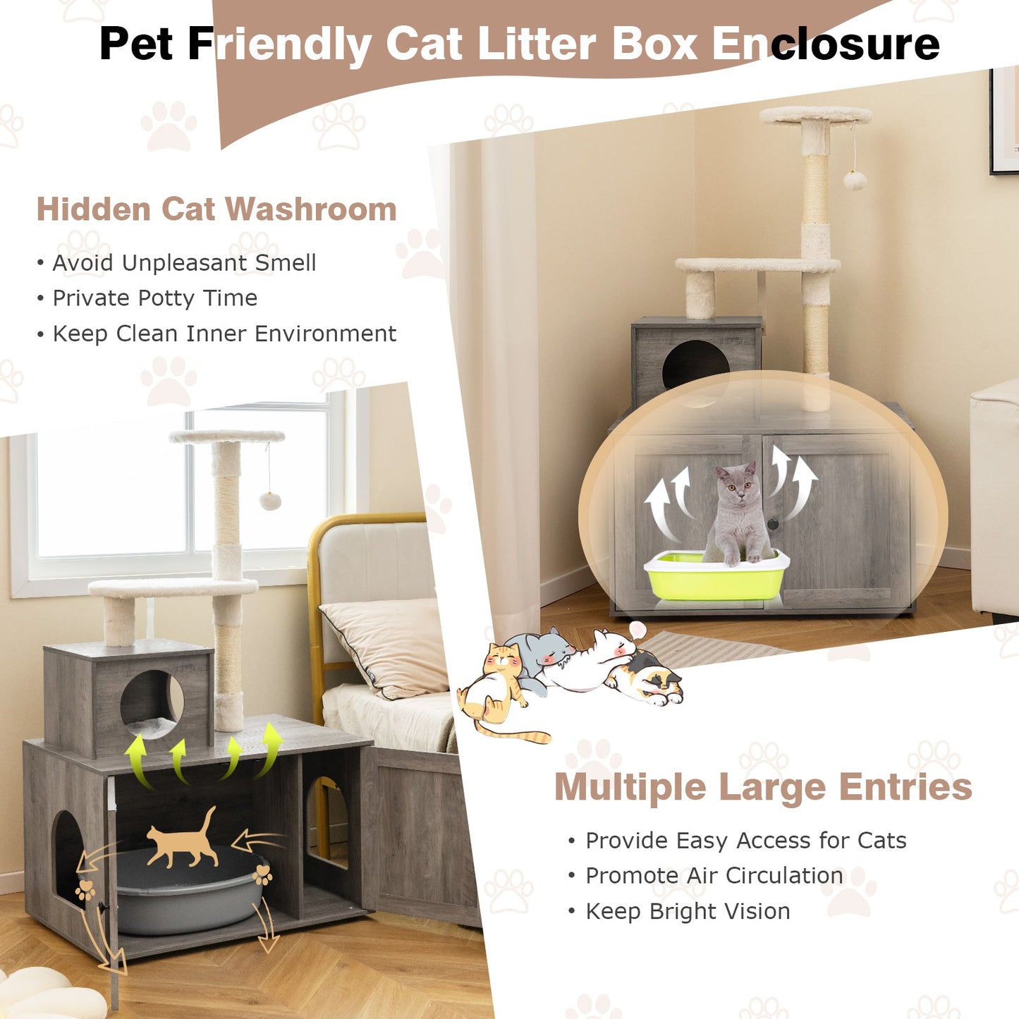 Cat Litter Box Enclosure for Indoors, Enlarged Cat Litter Cabinet with Sisal Scratching Post, Condo & 2 Platforms, Hidden Cat Washroom Furniture with Anti-Tipping Kits, Plush Bell Ball & Divider