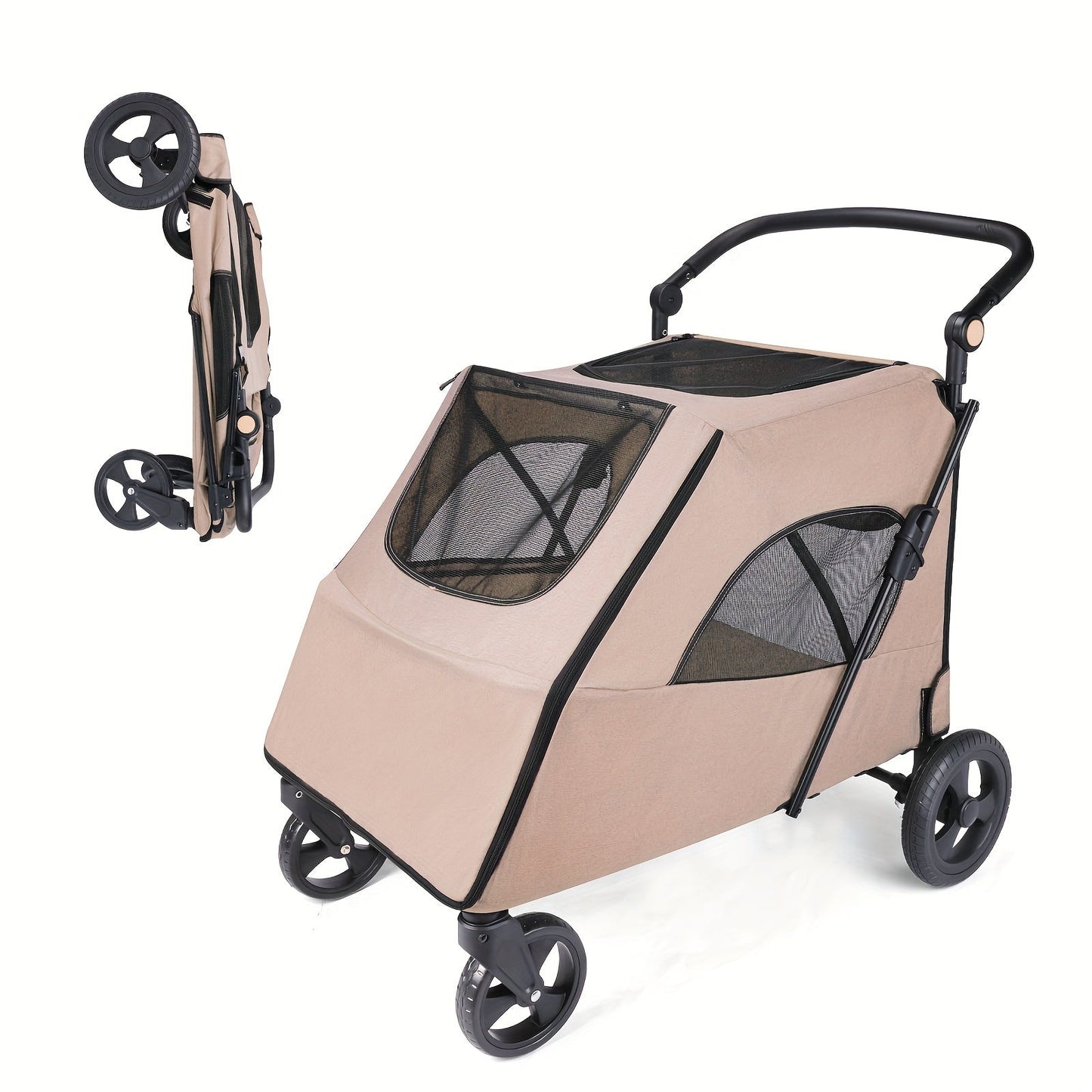 Pet Cart, Foldable Cart With 4 Wheels, Mesh Sunroof Pet Cart For Small To Large Dogs And Other Pets Traveling, Storage Space Pets Can Easily Walk Outdoors