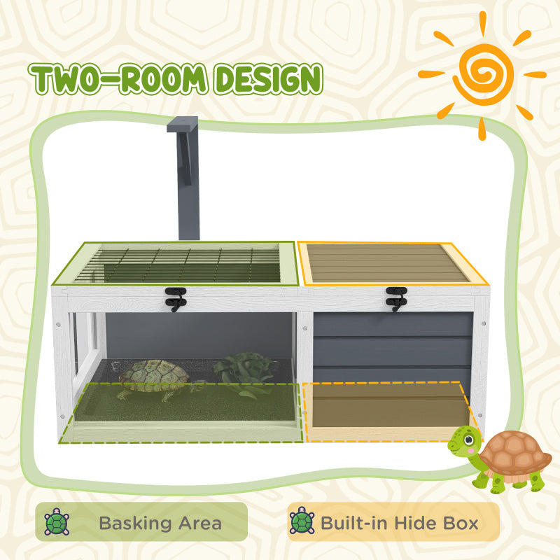 Wooden Tortoise Habitat - Indoor/Outdoor Enclosure with Lamp Holder, Pull-Out Waterproof Trays & Openable Lids, Gray