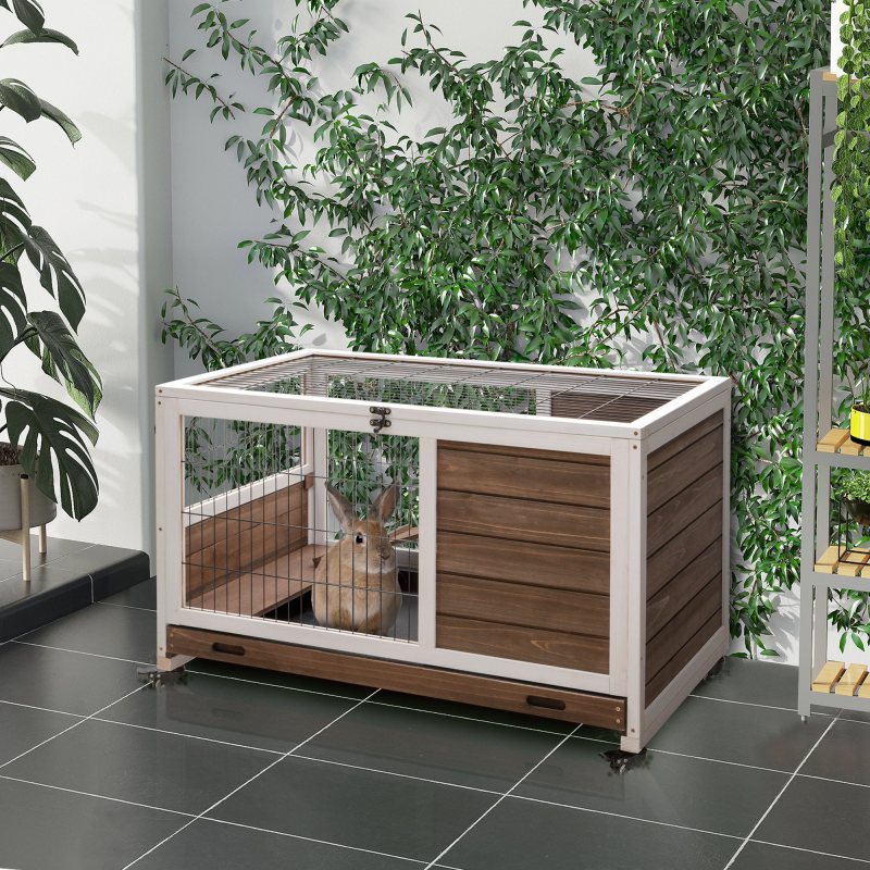 Elevated Wooden Rabbit Hutch with Leak-Proof Tray & Wheels - Indoor/Outdoor Enclosed Run for Guinea Pigs and Small Animals, Brown