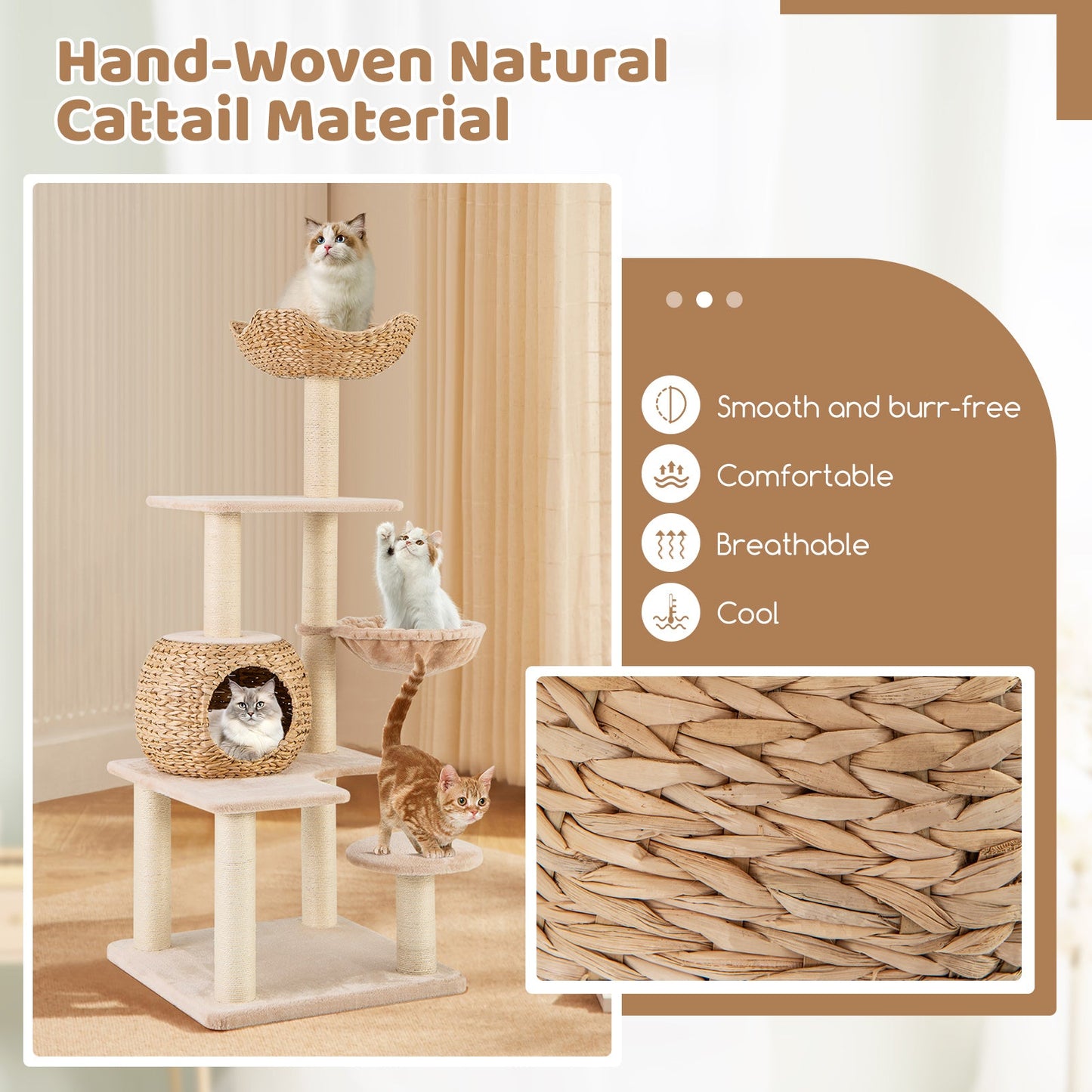 Cat Tree, 59" Cattail Cat Tower w/ Sisal Scratching Posts, Perch, Condo, Soft Hammock, Washable Cushions, 5-Layer Climbing Cat Activity Center, Cat Furniture for Indoor Kittens & Adult Cats