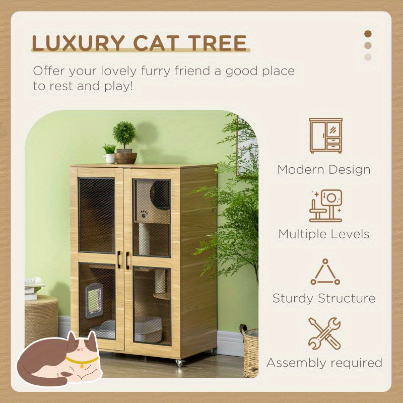 Oak Finish Cat House with Wheels - Indoor Cat Condo with Scratching Posts, Flap Door, and Cushioned Interior, Synthetic Fiber Material, 31.5" x 20" x 48.5" Catio Villa