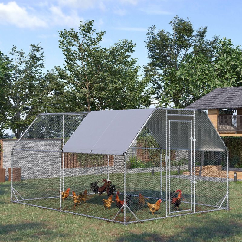 Large Walk-In Chicken Coop, Metal Hen House with Waterproof & Anti-UV Synthetic Fiber Cover, Outdoor Poultry Run Cage, 9.2' x 12.5' x 6.4' Farm Use