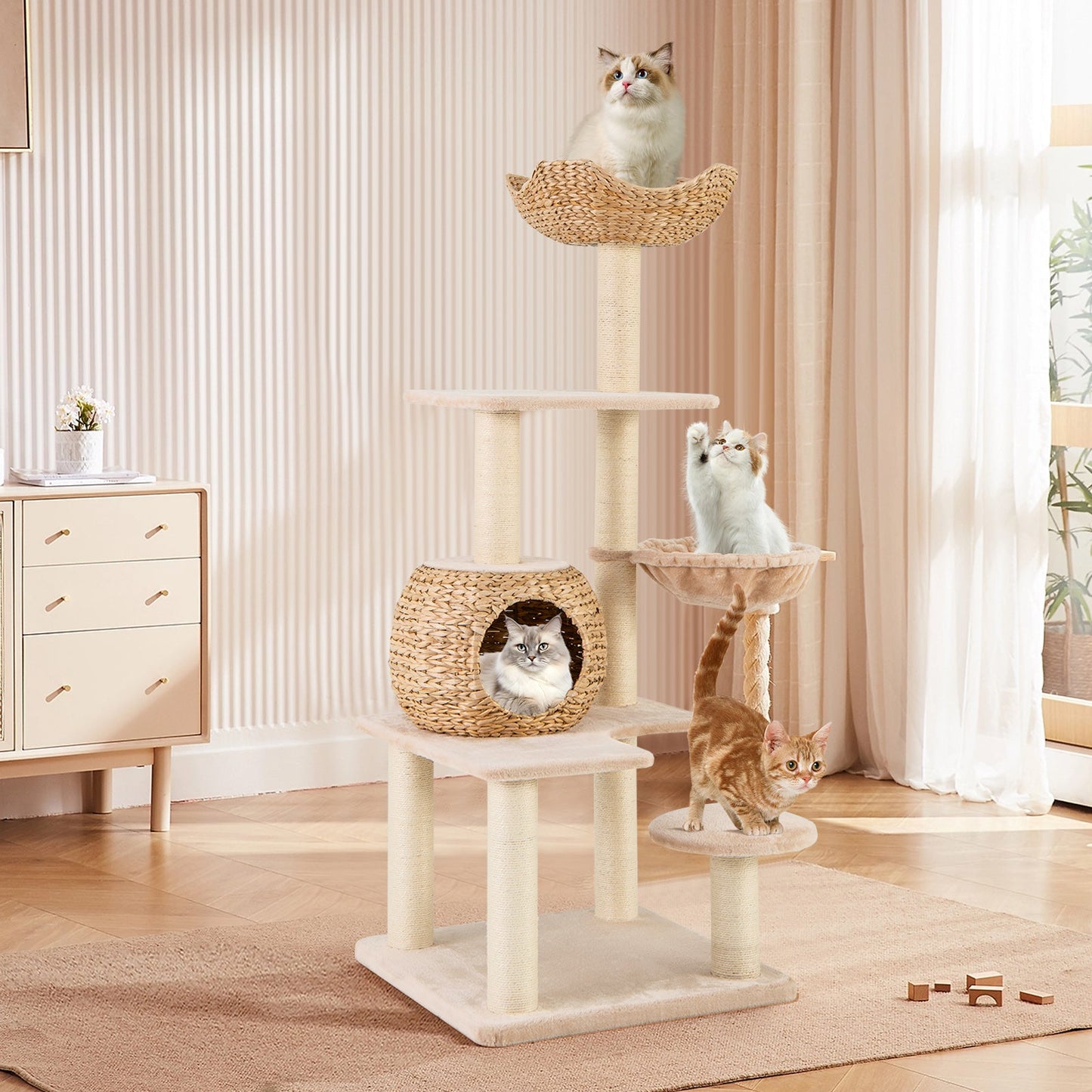 Cat Tree, 59" Cattail Cat Tower w/ Sisal Scratching Posts, Perch, Condo, Soft Hammock, Washable Cushions, 5-Layer Climbing Cat Activity Center, Cat Furniture for Indoor Kittens & Adult Cats