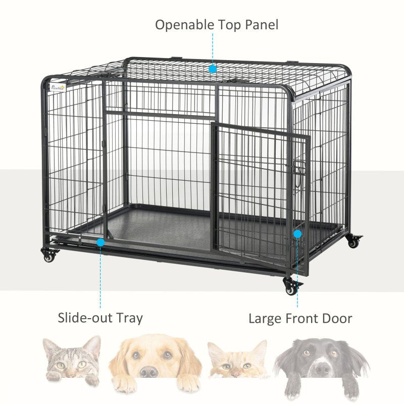 Heavy-Duty 49" Folding Dog Crate with Removable Tray, Cover & Locking Wheels - Indoor/Outdoor Metal Kennel for Small Pets