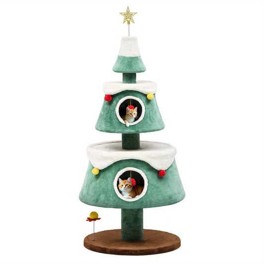 Christmas Cat Tree Tower with Cat House - Polyester Indoor Cat Condo with Play Area and Ornaments - Festive Pet-Friendly Decoration for Camping & Hiking