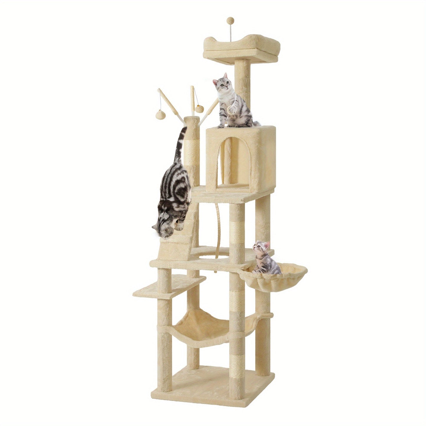 64. 5" Cat Tree, Multi- Level Cat House, Large Cat Condo Furniture with Perch Hammock, Scratching Posts and Dangling Balls for Kittens, Cats and Pets